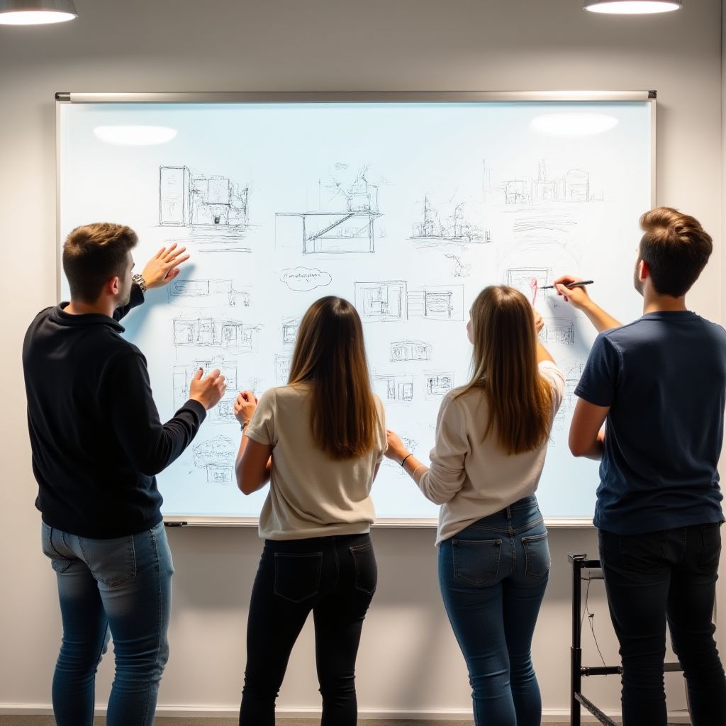 Estudiantes colaborando en un proyecto de diseño en una pizarra.