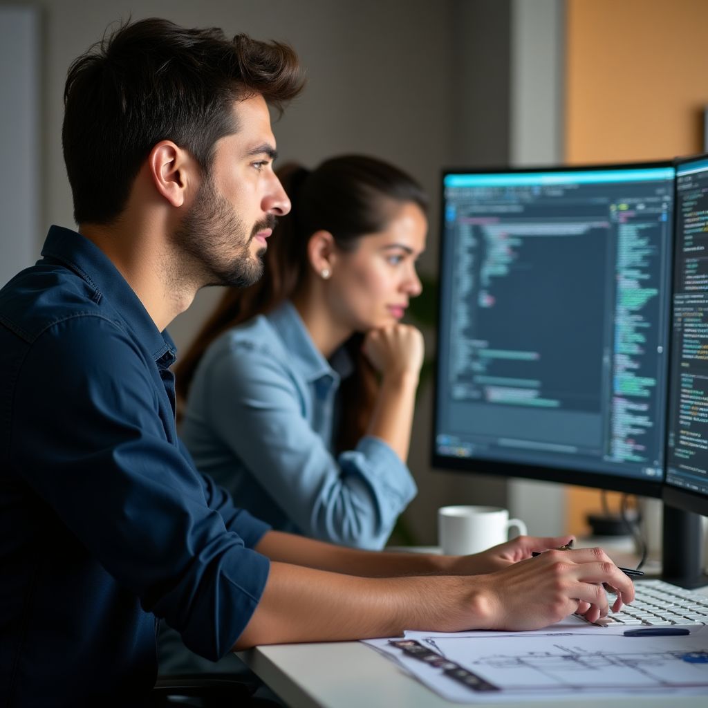 Un instructor dando feedback personalizado a un estudiante frente a una computadora.