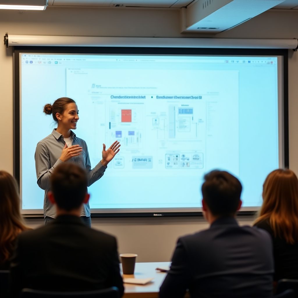 Un estudiante presentando su proyecto final frente a un panel de expertos.