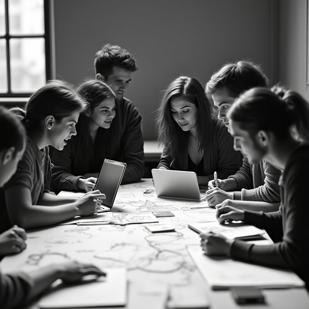 Foto en blanco y negro del equipo fundador trabajando en un pequeño estudio.