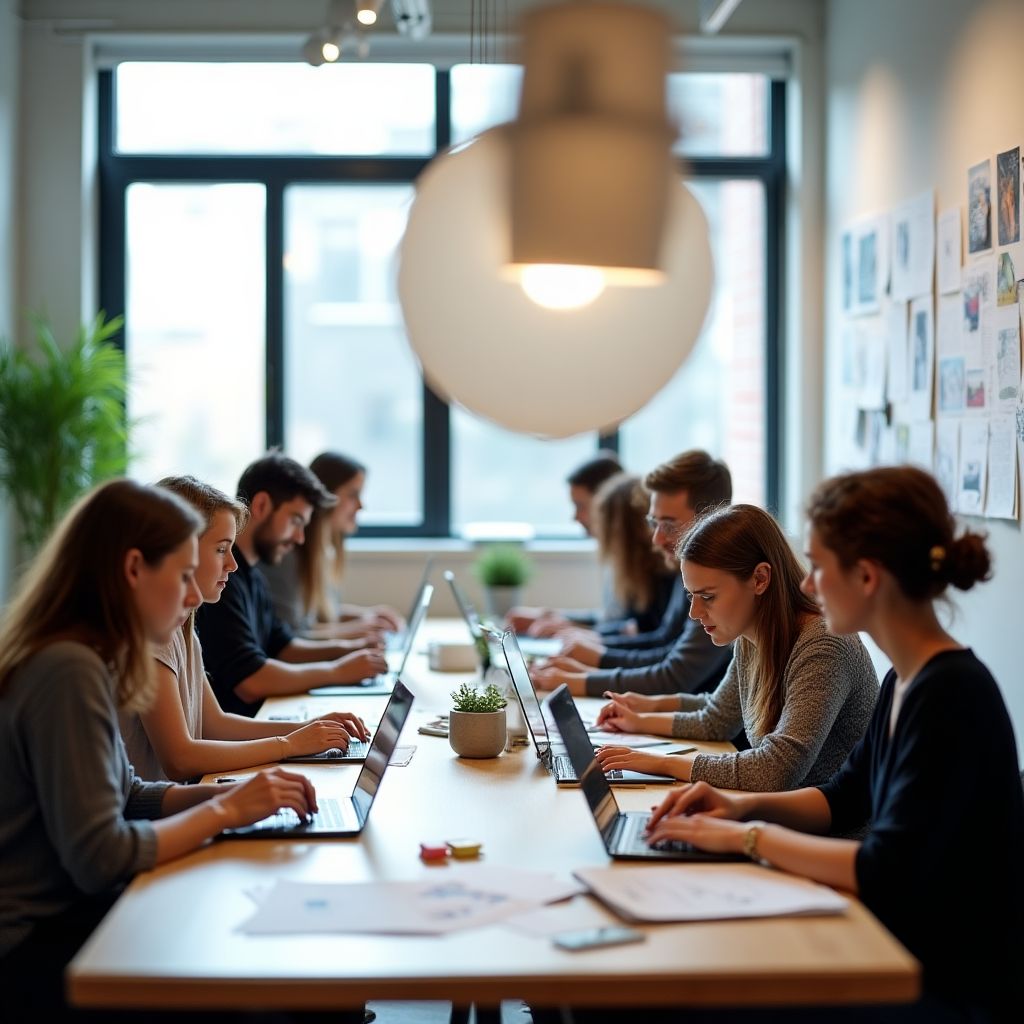 Un espacio de trabajo colaborativo y moderno con estudiantes de diseño trabajando en sus computadoras.