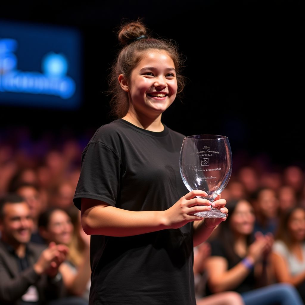 Un estudiante recibiendo un premio en un escenario.